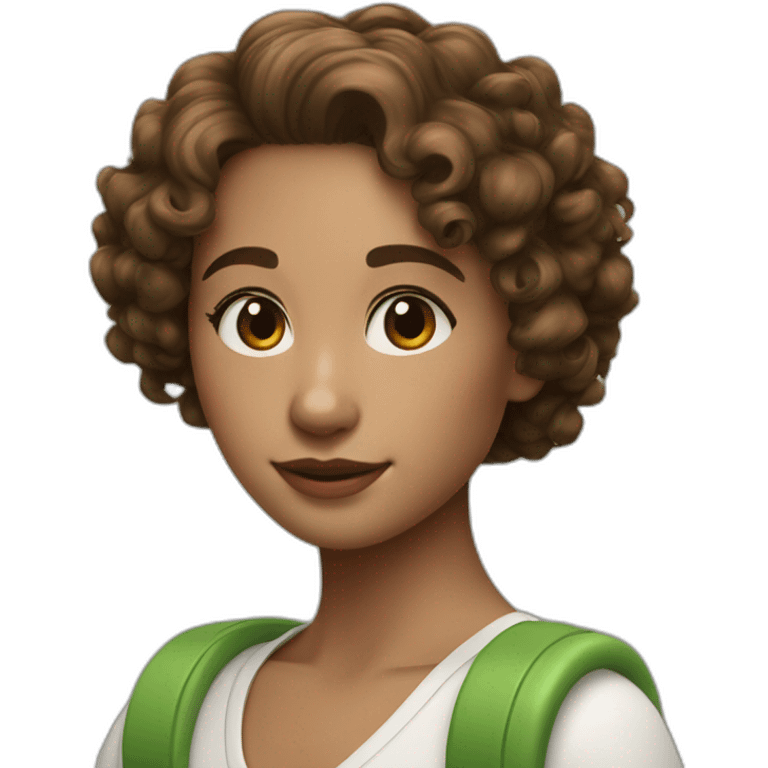 curly girl with brown bob hair brown eyes in AirPods Pro green emoji