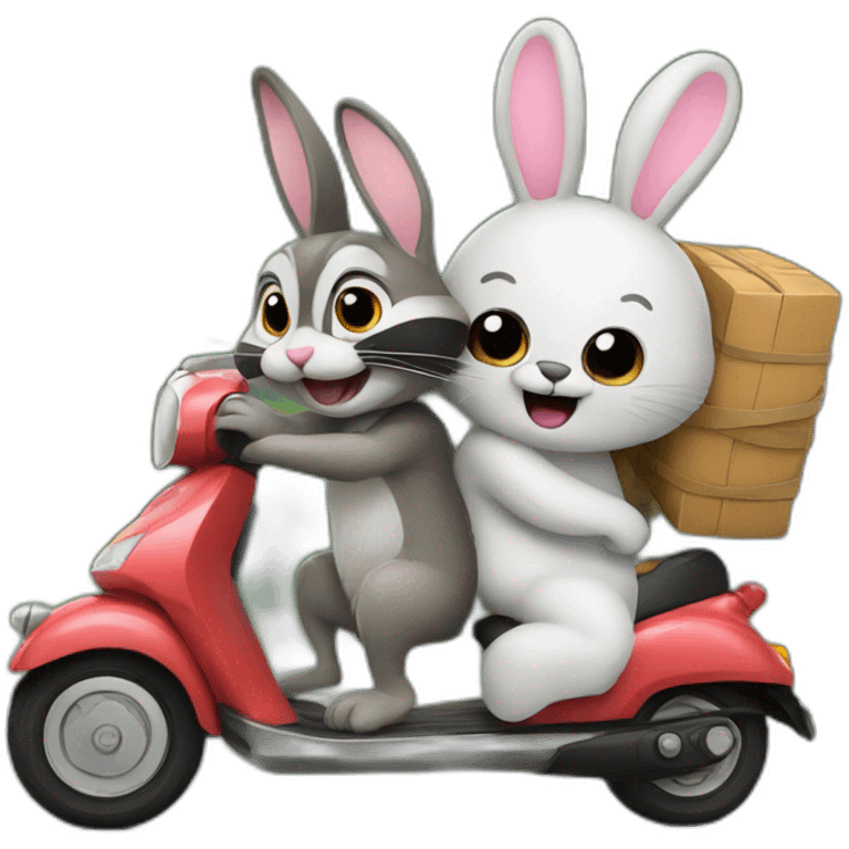 bunny giving a ride to raccoon both on a scooter emoji