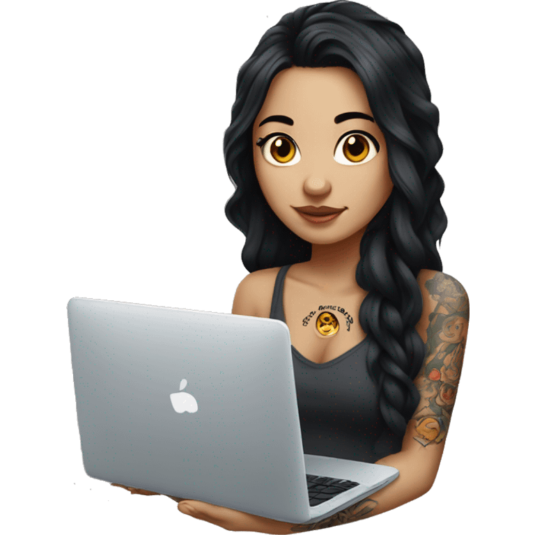 beautiful girl, with arm tattoos, with long black hair, wavy hair, chinese, with laptop emoji