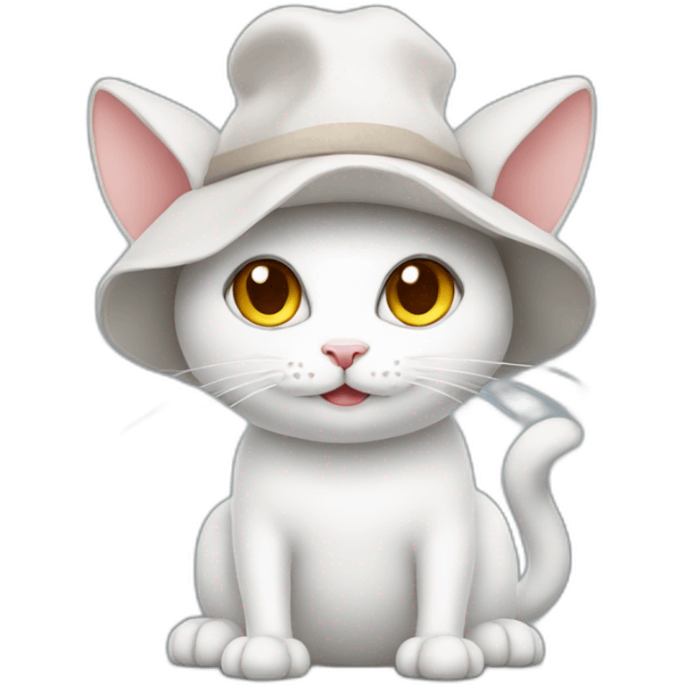 White cat in a cute dino hat emoji