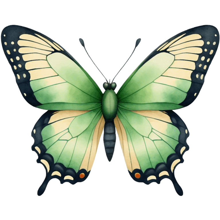 A minimalist watercolor illustration of a butterfly with green hues and fine details, set against a soft beige canvas.
 emoji