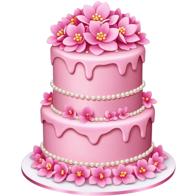 Three layer pink cake adorned with overflowing pink flowers and pearls emoji