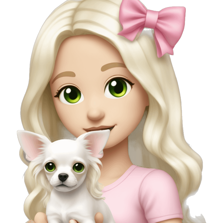 pale blond yt girl with wavy long platinum white hair with bright green eyes holding a white chihuahua puppy that wearing a pink bow emoji