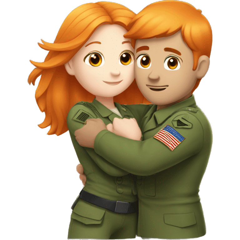 a orange hair girl hugs, white man in a green military uniform emoji