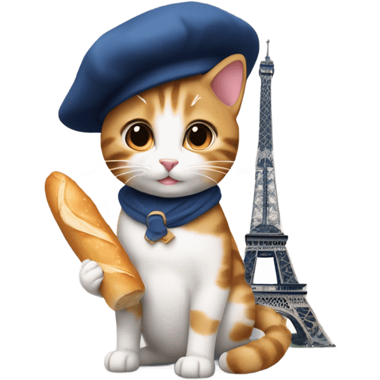 cat wearing beret holding baguette by eiffel tower emoji