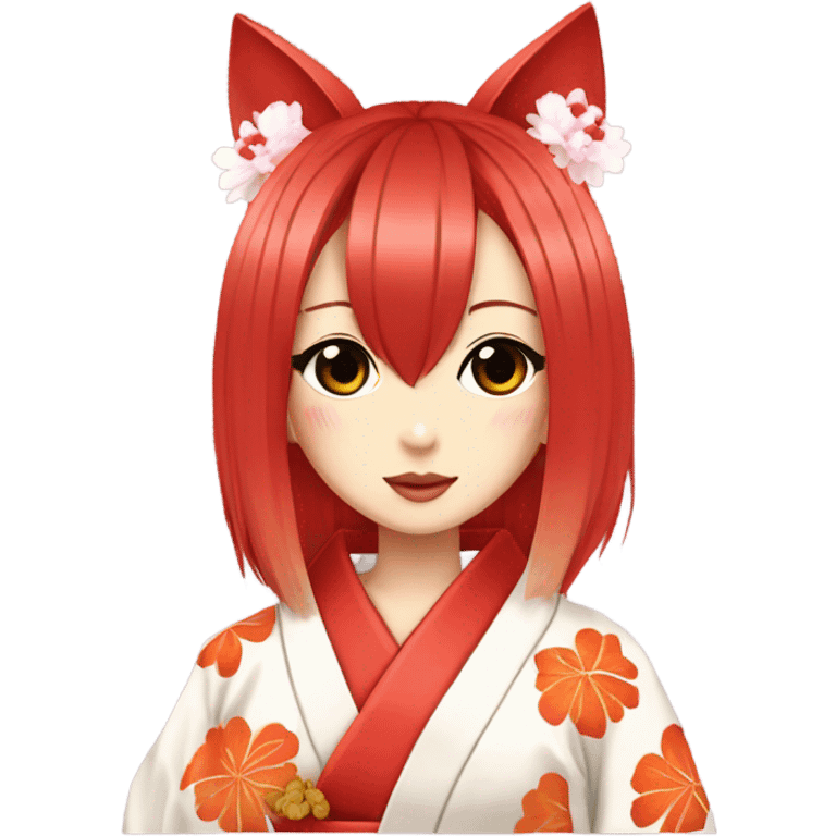 hime gyaru girl, kimono, red hair, kitsune mask emoji