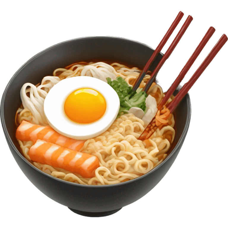 Bowl of warm ramen with two chop sticks, boiled egg, and kimchi emoji