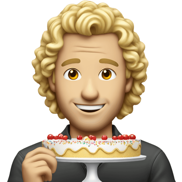  Blonde curly mullet white man standing over a birthday cake emoji