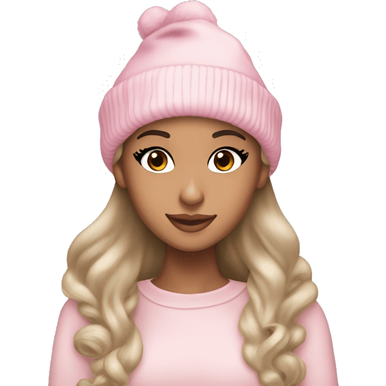 Ariana grande in a light pink christmas outfit wearing a light pink christmas hat emoji