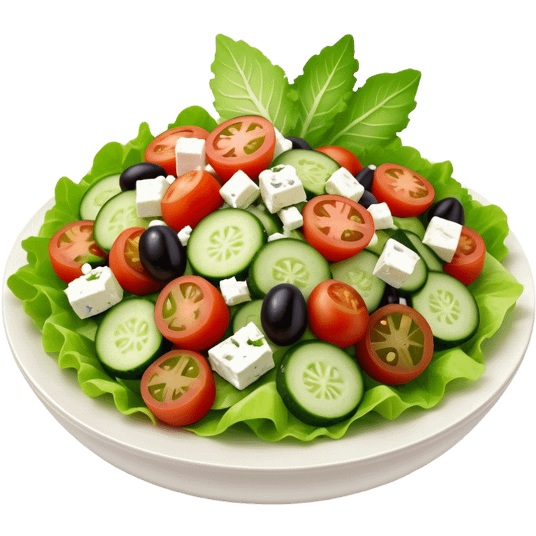 Cinematic Realistic Greek Salad Dish Emoji, depicted with crisp lettuce, tomatoes, cucumbers, olives, and feta cheese rendered with vibrant textures and fresh, natural lighting. emoji