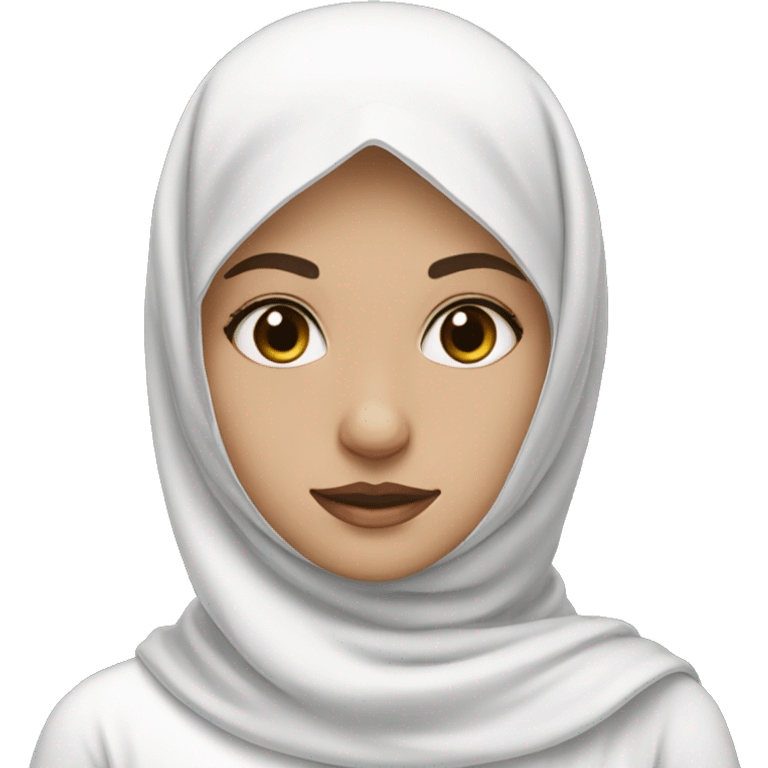 A girl in a white hijab and black eyes emoji