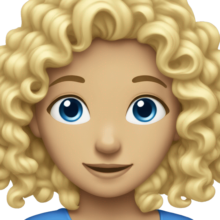 Blonde, curly, female, blue eyes, smiling emoji