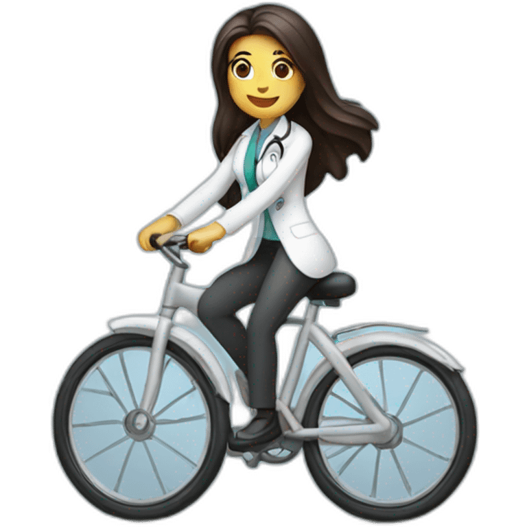 long and dark hair female doctor riding a shiny bicycle emoji