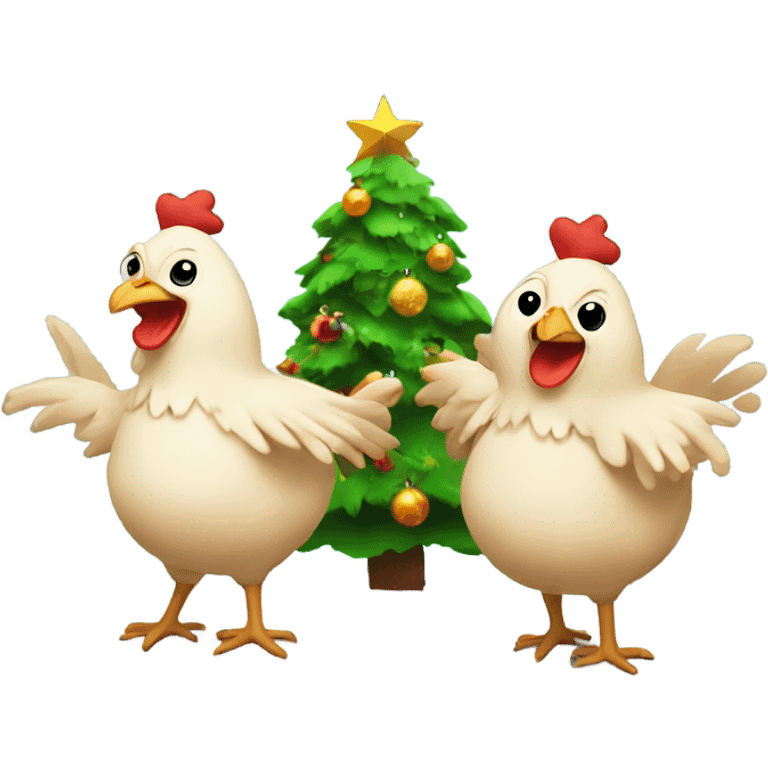 Animated chickens dancing around a Christmas tree. Text saying Merry Christmas emoji