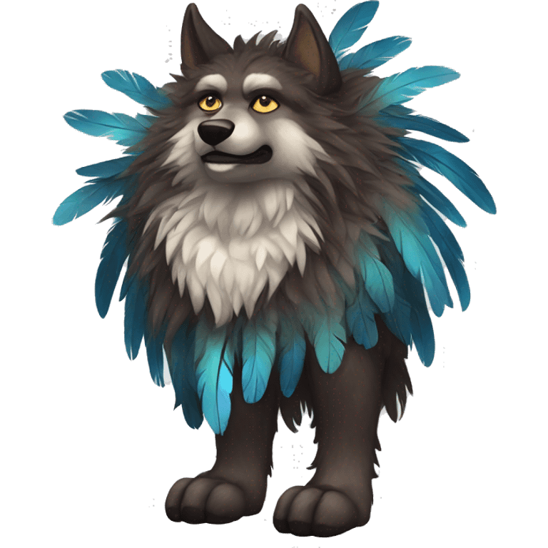 Fluffy Shy Spiritual Shamanic WereWolf With Shiny Tribal Markings wearing feathers Full Body emoji