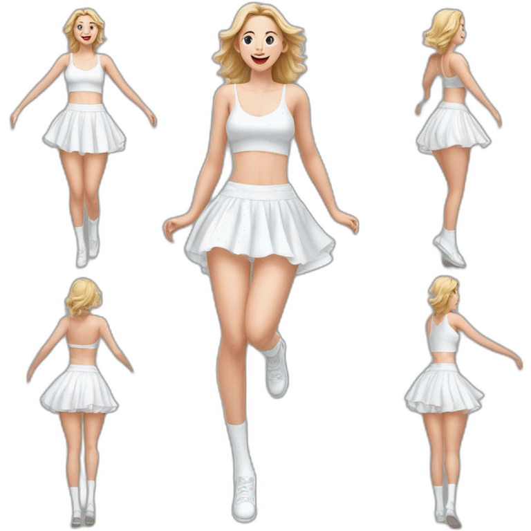 Hyperrealistic Full body Caucasian curvy beauty jumping short white skirt back and front views strong wind knickers long white socks emoji