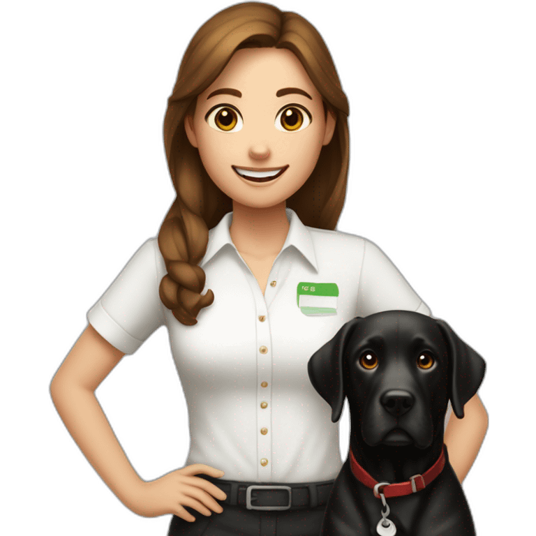 girl with brown hair in white shirt with black labrador holding a cheque with "100,-" emoji