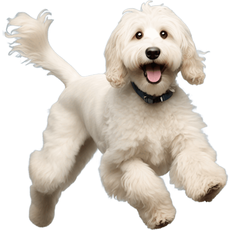 Bigger white goldendoodle jumping with long shaggy hair  emoji