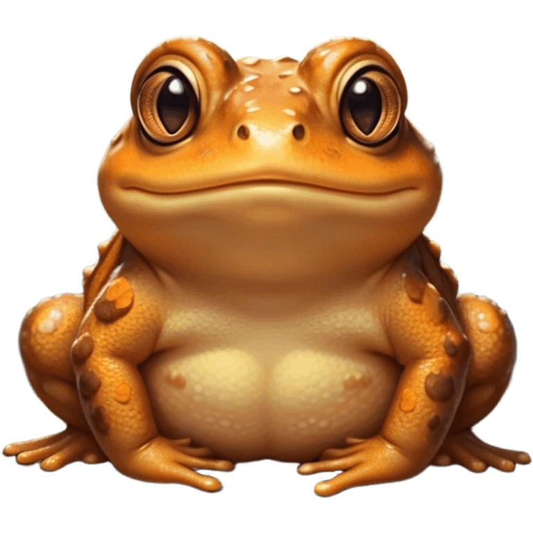 Cinematic Cute Toad Portrait Emoji, Head tilted playfully and inquisitively, featuring a charmingly plump form with bumpy, textured skin in rich earthy hues and round, sparkling eyes full of gentle mischief, Simplified yet irresistibly adorable features, highly detailed, glowing with a warm, friendly woodland glow, high shine, affectionate and lively, stylized with a touch of whimsical nature charm, soft glowing outline, capturing the essence of a mischievous yet loving toad that seems as if it could hop out of the screen into your arms! emoji