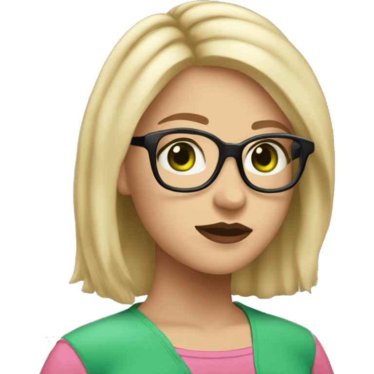 female, shoulder length blonde hair, black rimmed glasses, green eyes, pink shirt, light skin, pink lips emoji