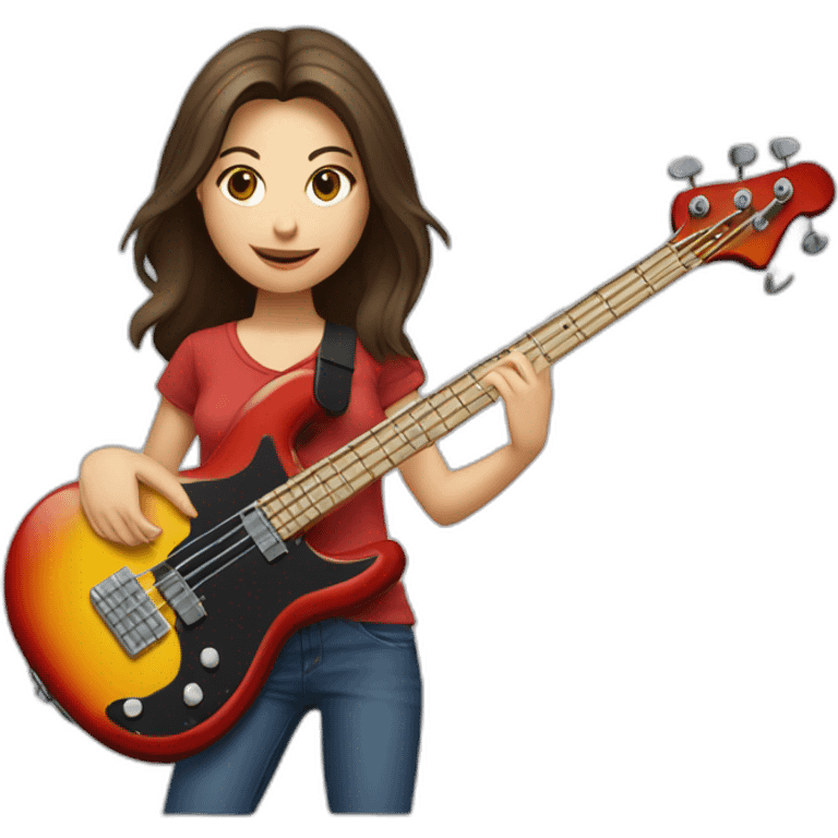 White brunette in t-shirt playing four string electric bass guitar emoji