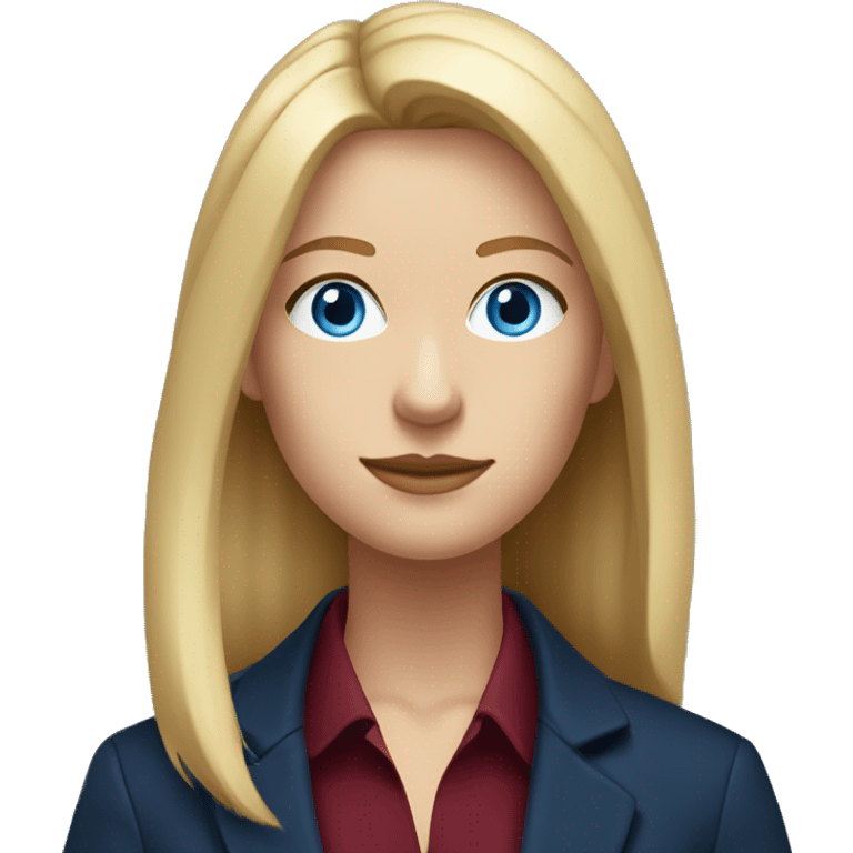 portrait of an adult girl, blue eyes, straight long bob blond hair, dark blue jacket suit, burgundy red collar under emoji