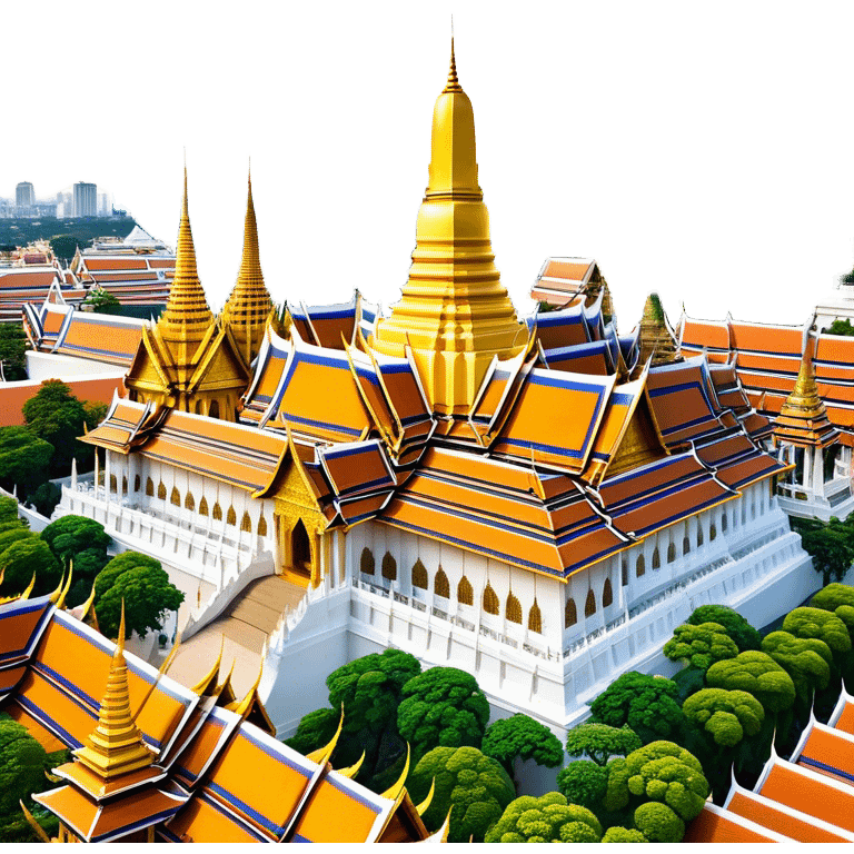 Cinematic Realistic Grand Palace Bangkok Landmark Emoji, showcasing the opulent golden spires, intricate Thai architecture, and the Emerald Buddha Temple set within a vibrant, manicured courtyard. emoji