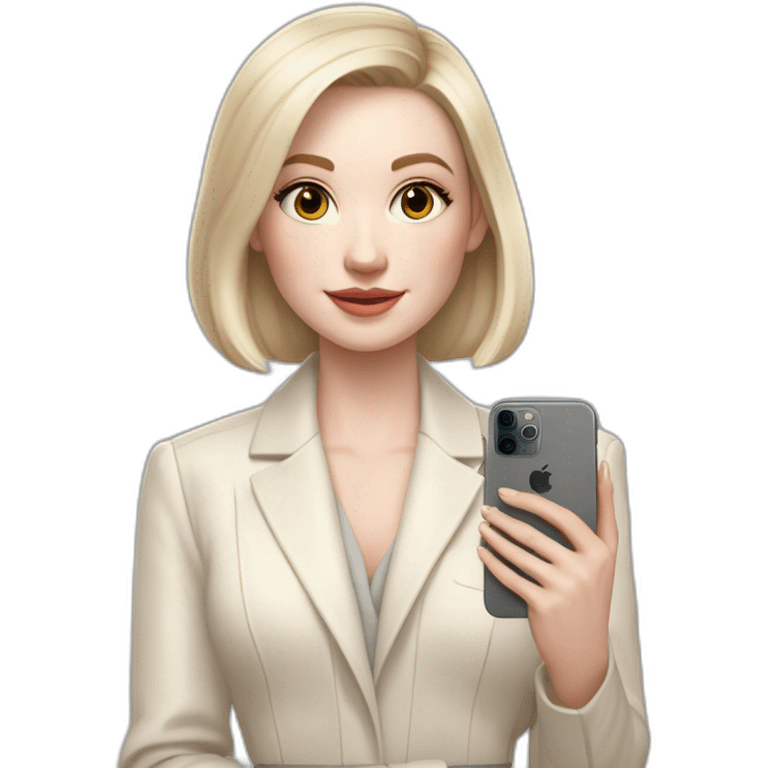 pale skin woman with ash blonde Straightened bob Hair, White Spacious classical jacket, beige palazzo Arrow pants and gray blouse holding white IPhone 15 pro in the hands emoji