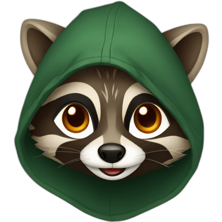 brown raccoon with orange eyes and a dark green hood that is laughing emoji