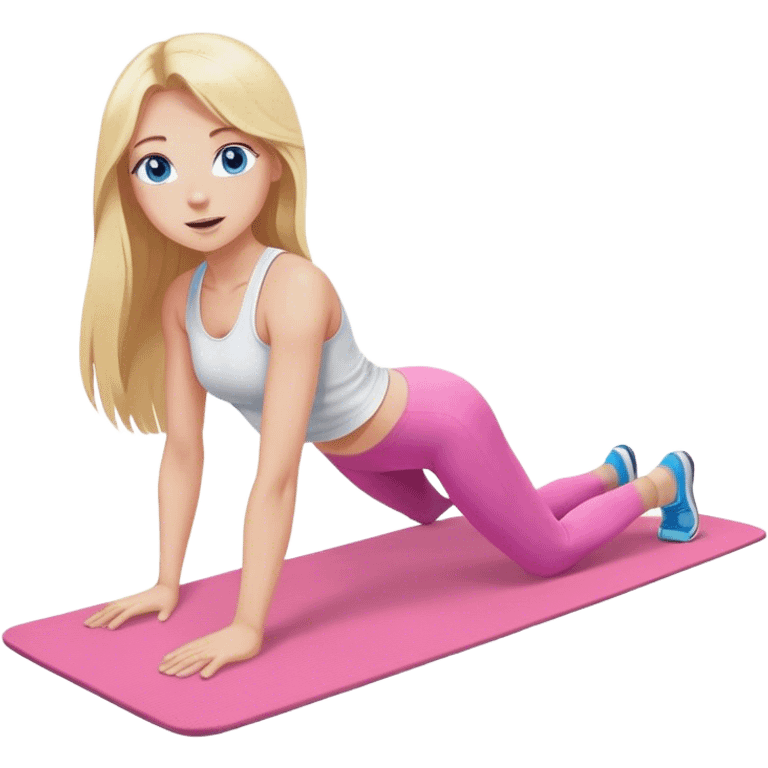 A cinematically realistic blonde with long hair and blue eyes, dressed in a white top and pink leggings, performs a sports exercise on a mat emoji