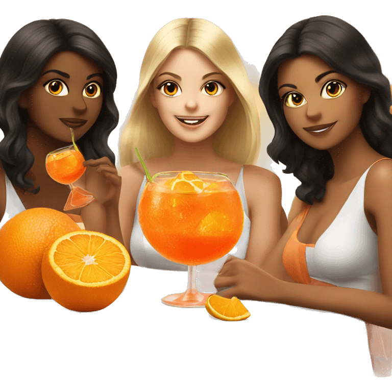 Three beautiful girls drinking aperol sitting on oranges emoji