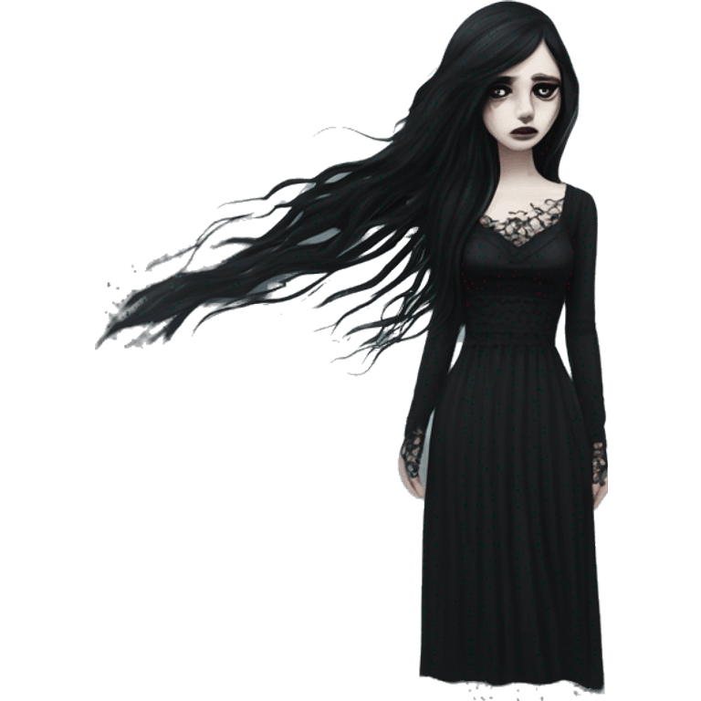 Dramatic girl  goth white pale with dark lighting  with black hair  in river with very very long lace dress  black long hair flying in the wind sad face  white eyes emoji