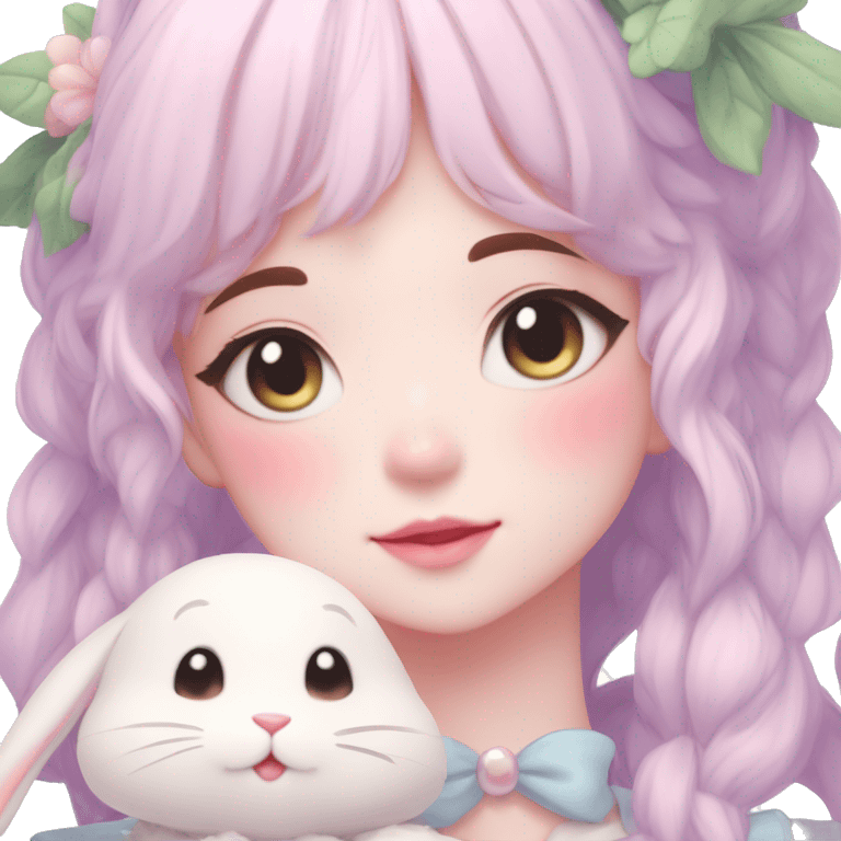 Gorgeous pastel anime style lady with blushing face and holding a bunny cottagecore fairycore pastelcore colorful pearly romantic simplistic aesthetic trending style emoji