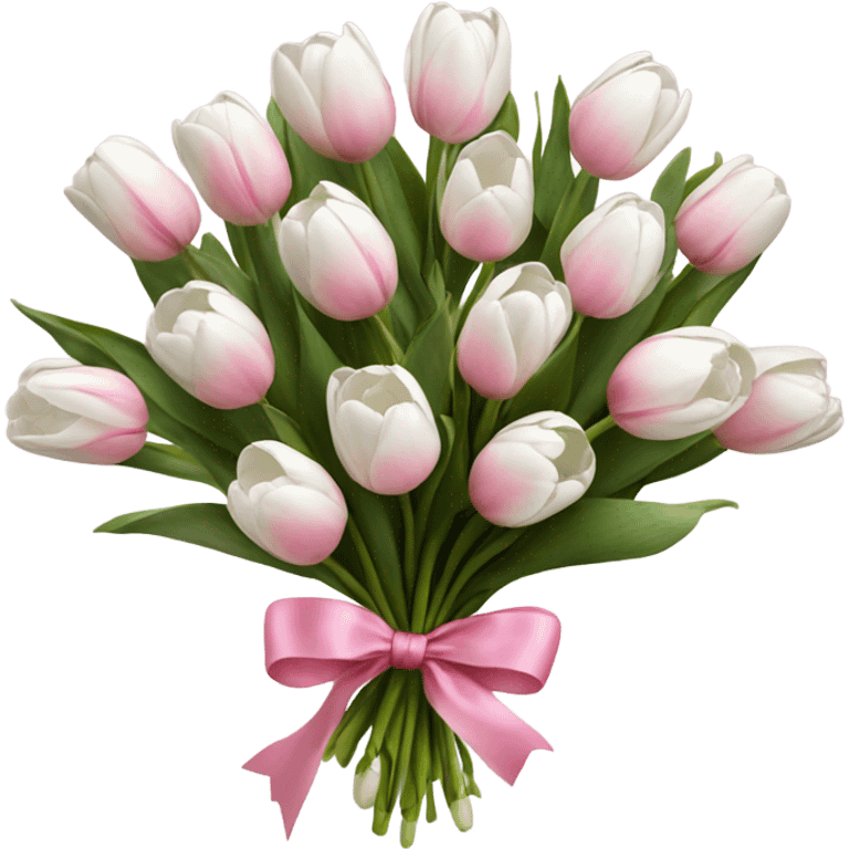 bouquet of white tulips and some pink tulips with a bow around it emoji