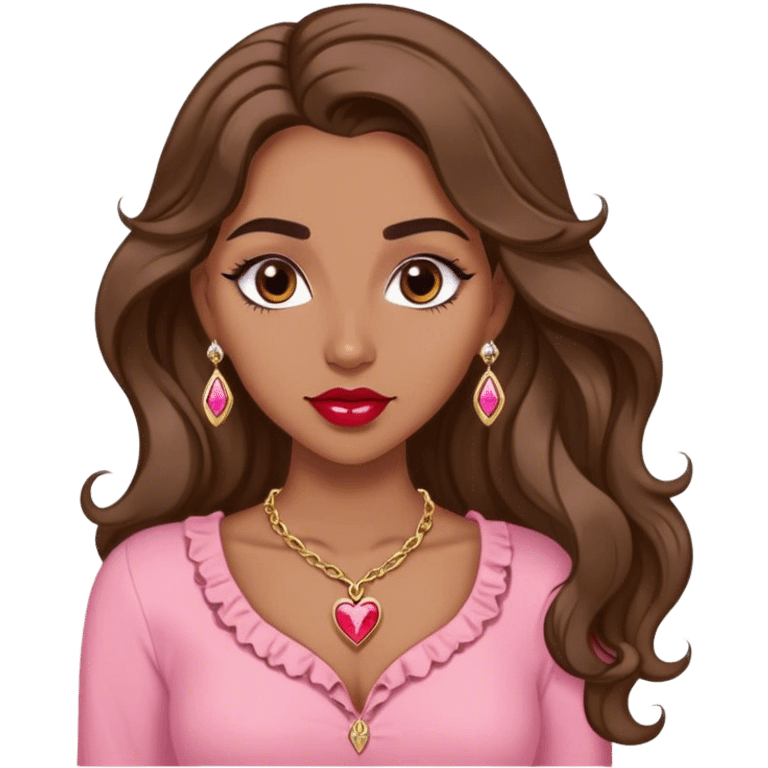 Woman,Medium brown skin,super long wavy hair, medium brown arched eyebrows, full lashes, red nude lips, diamond stud earrings, gold heart locket, pink shirt emoji