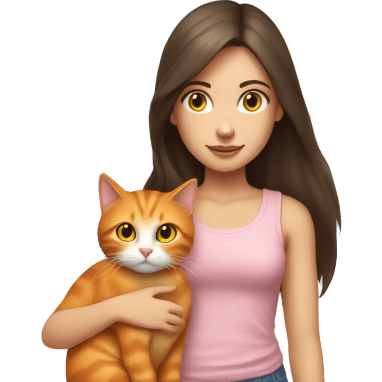 a white girl with hazel eyes and dark brown long hair petting her orange cat with yellow eyes. the girl is wearing a pink tank top with light wash jeans.  emoji