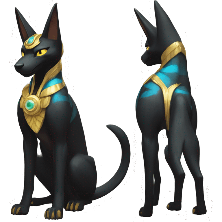 Black godly overpowered ethereal majestic Egyptian Lucario-Umbreon-Cat. Golden Anubis-Rings and yellow ring-markings. Full body emoji