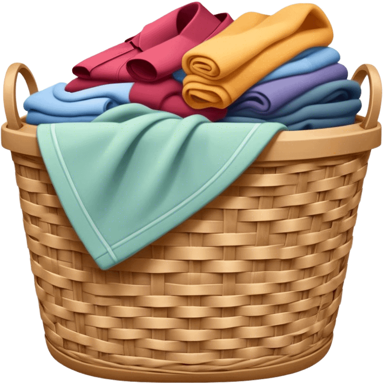 A laundry basket filled with clothes, some neatly folded and others piled up. The basket is made of plastic or woven material, with handles on the sides emoji