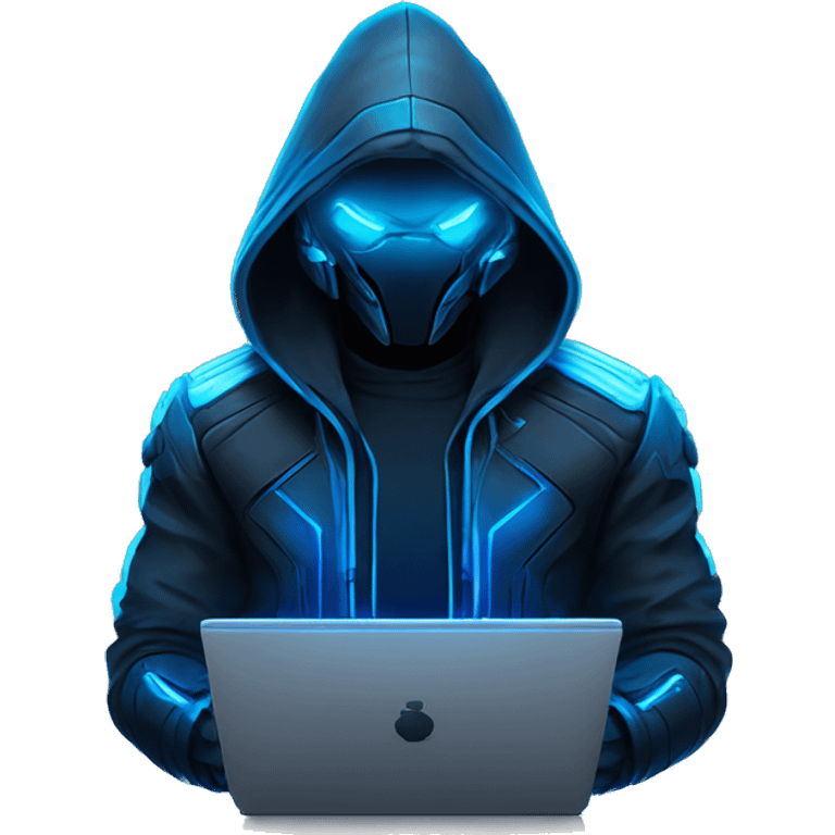 developer behind his laptop with this style : crysis Cyberpunk Riot Games Valorant neon glowing bright blue character blue black hooded assassin themed character emoji