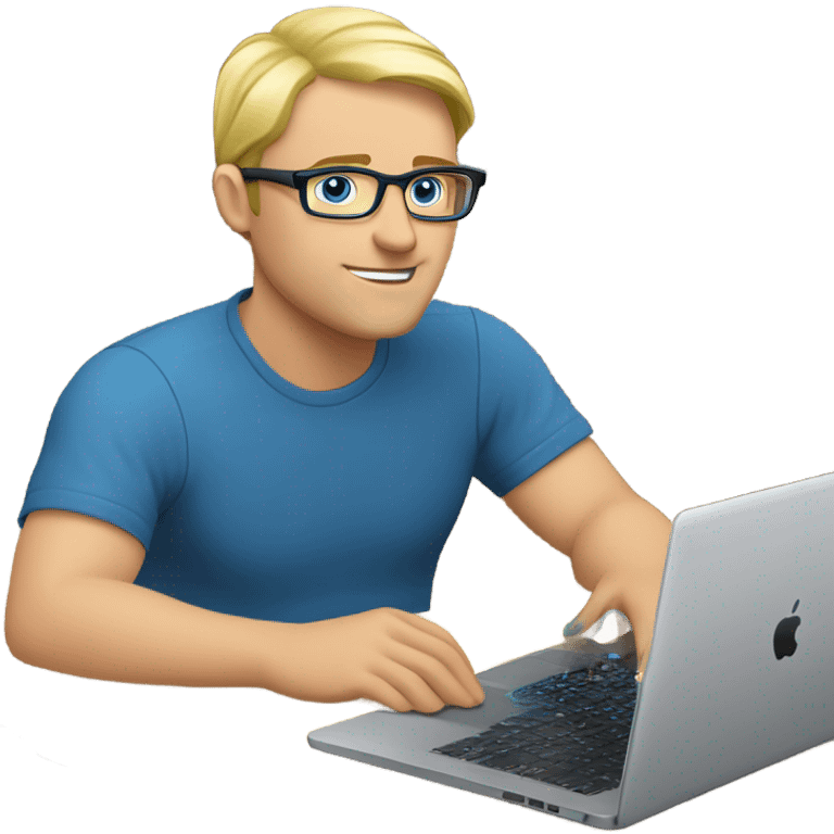 man looks 35 classes, european, tech nerd love , blue shirt blond short hair, blue eyes with specs behind macbook on with electronics pcb on the desk emoji