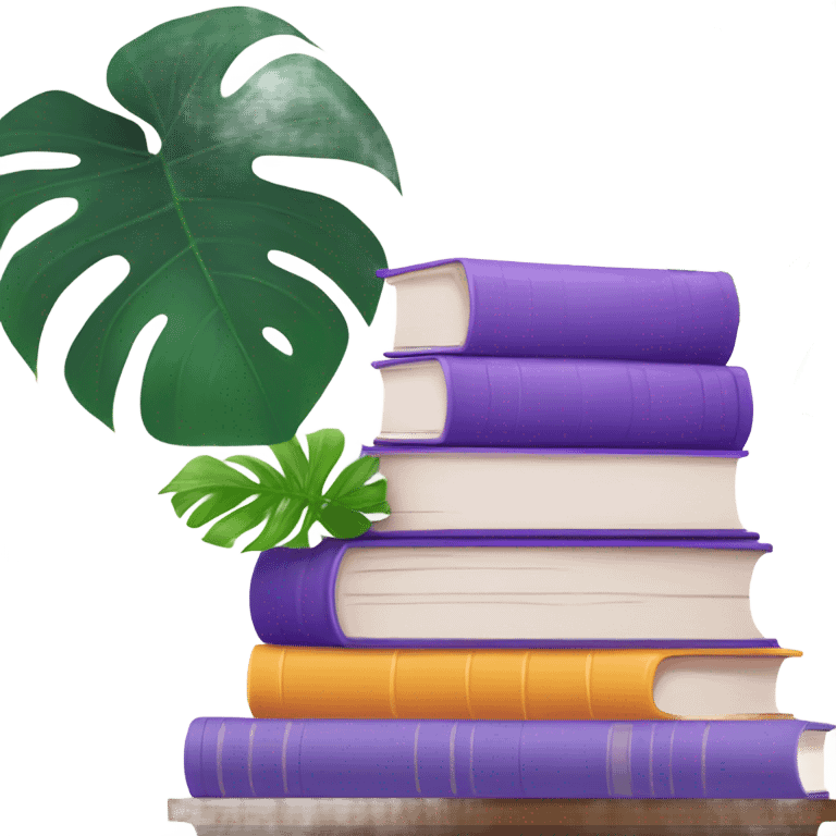 An aesthetically pleasing stack of books with violet covers and behind them a potted monstera  emoji