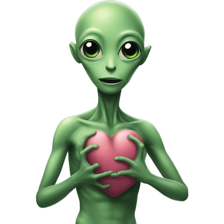 Alien puts her right hand on her heart emoji