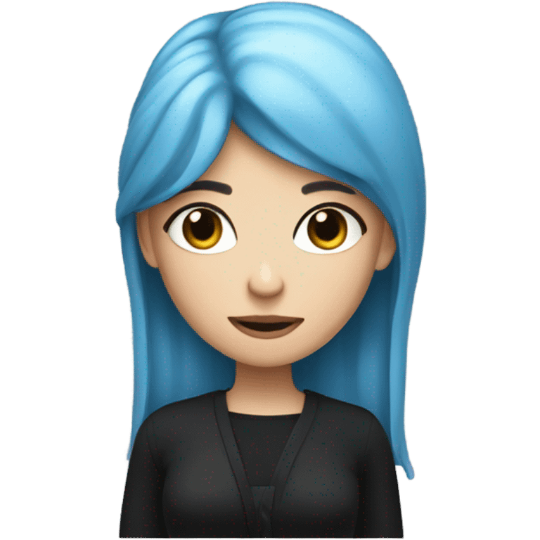 white skin girl with long blue hair in black clothes holding a phone emoji