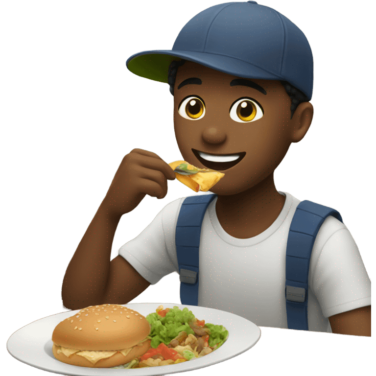 boy enjoying meal with hat emoji