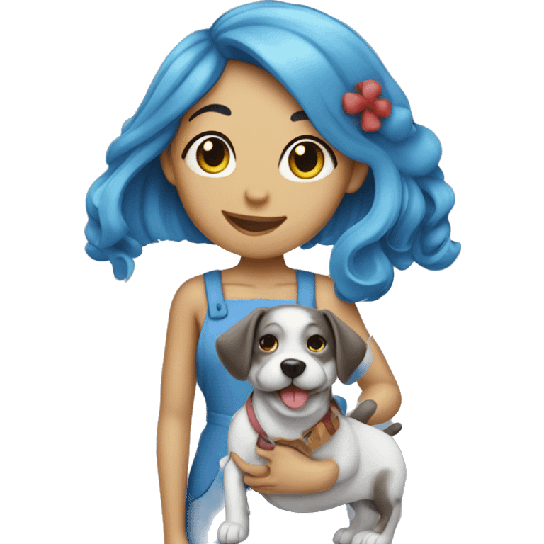 blue haired girl with a coocker dog emoji