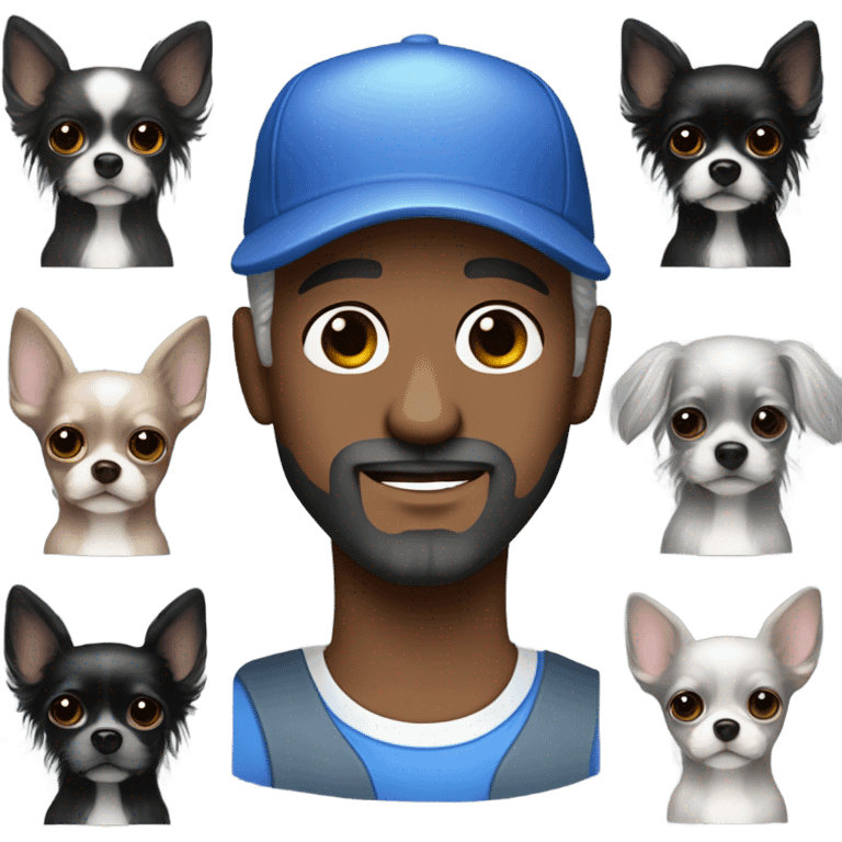 man blue eyes gray hair gray goatee ball cap holding black longhair chihuahua  emoji