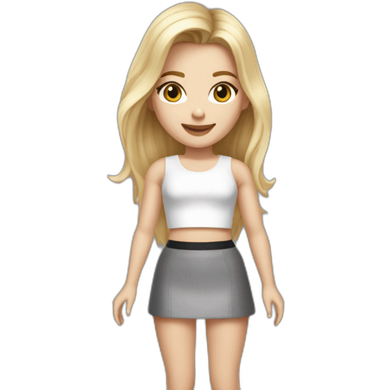 realistic caucasian long blonde hair dark brown eyes woman white crop top gray mini skirt black high heels full body emoji