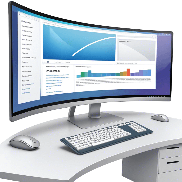 Create an emoji for UX/UI design. Show  large curved monitor displaying windows with UX/UI design HTML program interface. Include a mouse, keyboard, and stylus next to the screens. Use modern, professional colors. Do not include any emojis or smiley faces. Make the background transparent. emoji