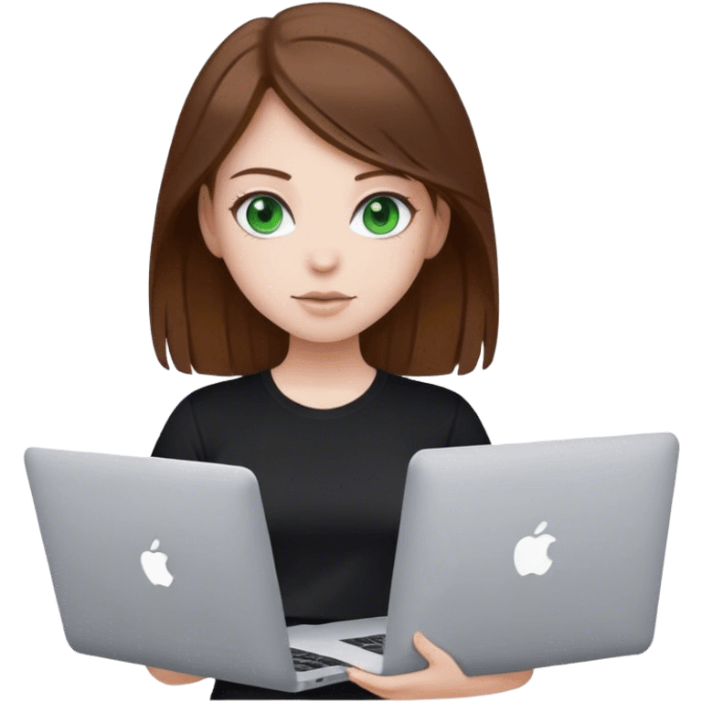 Girl with brown hair and white skin hold macbook green eyes t-shirt black emoji