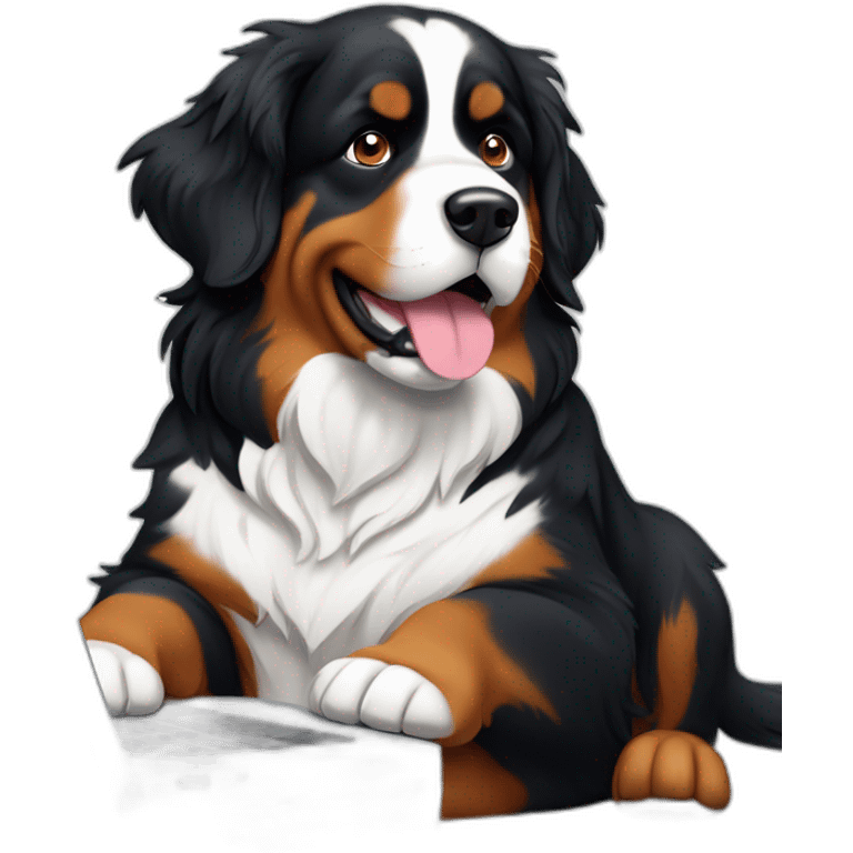 Bernese mountain dog writing on a computer emoji